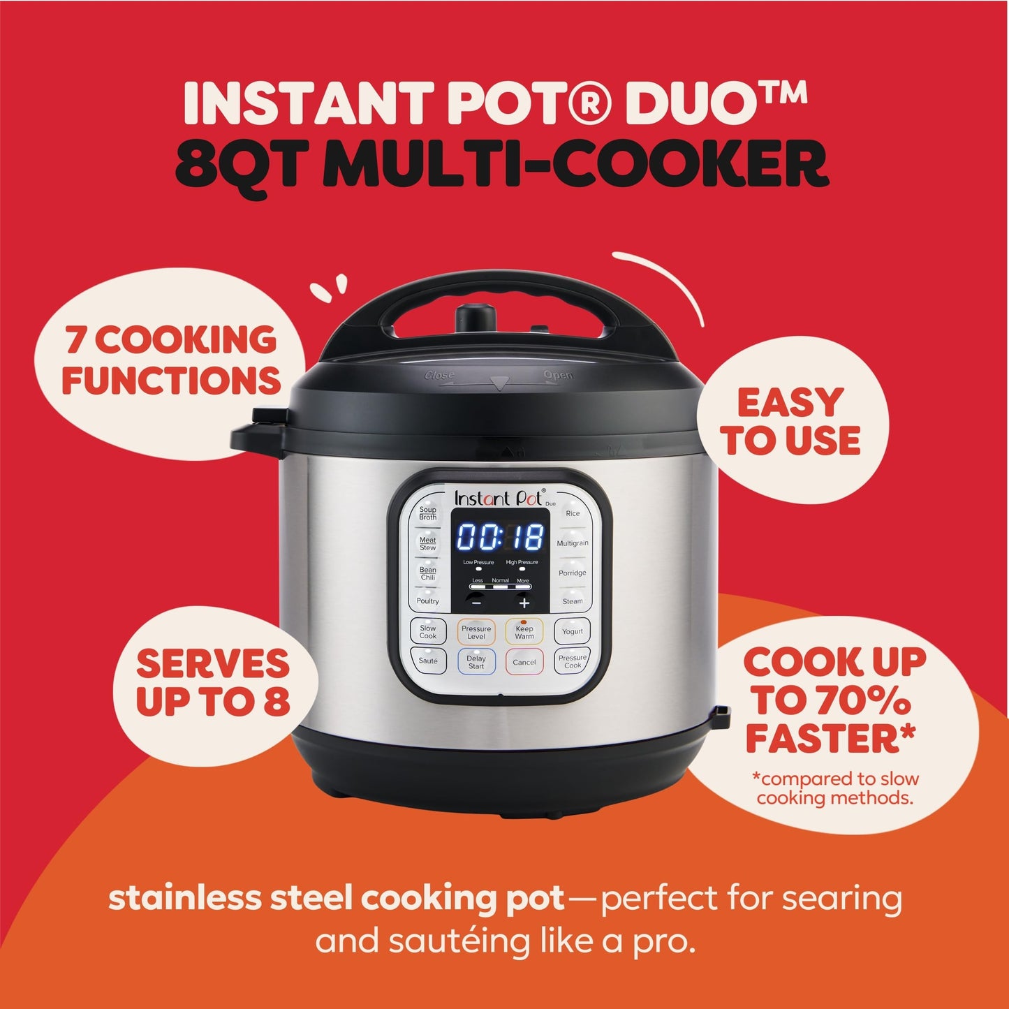 Instant Pot Duo 7-in-1 Electric Pressure Cooker, Slow Cooker, Rice, Steamer, Sauté, Yogurt Maker, Warmer & Sterilizer, Includes App With Over 800 Recipes, Stainless Steel, 6 Quart